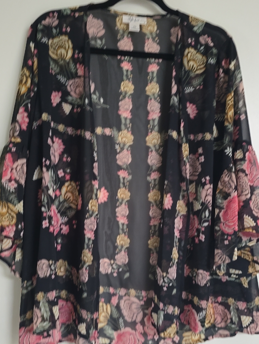 Style & Co. Black Sheer Floral Kimono with Pink and Gold Blooms